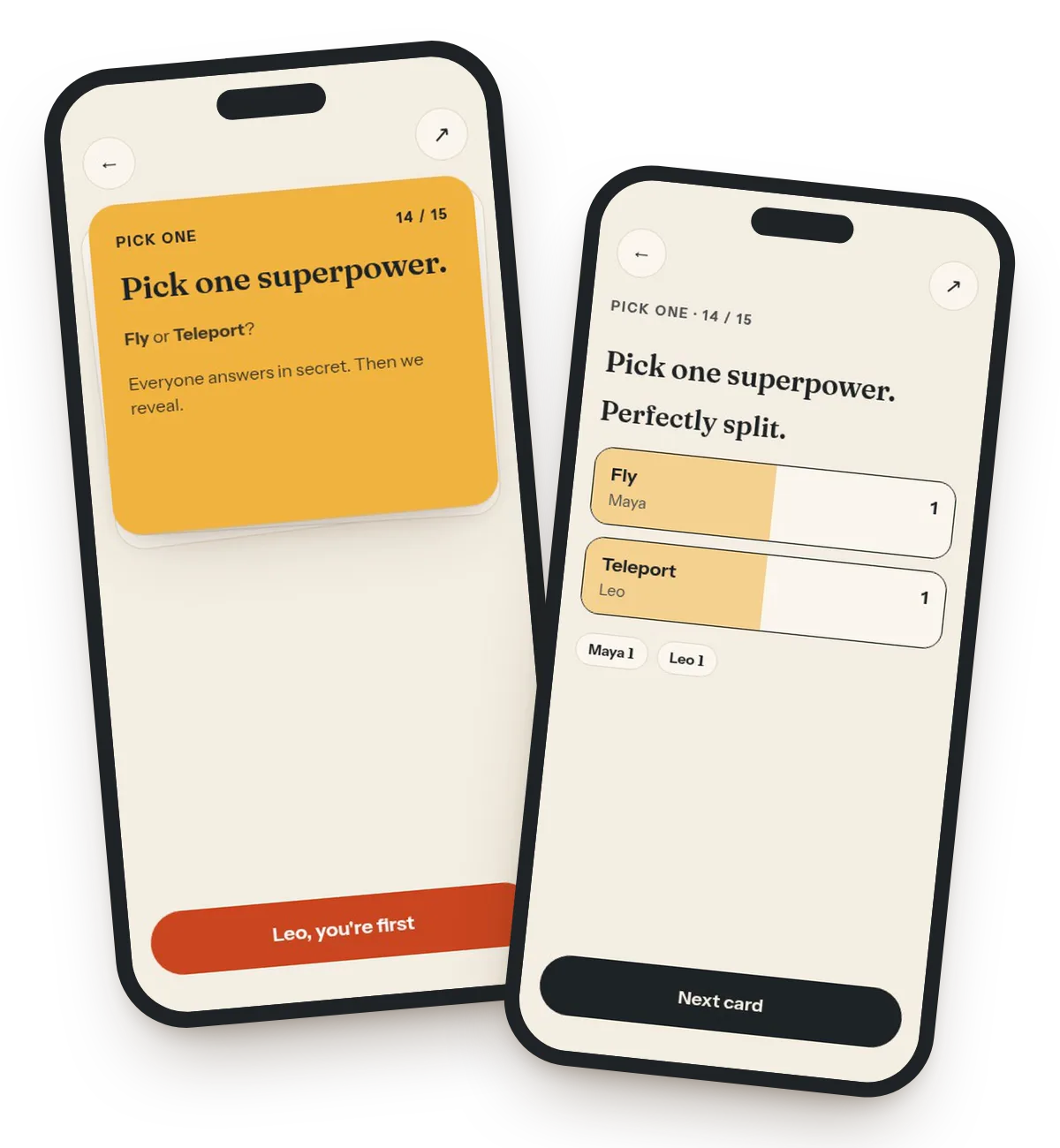 Fair Question Game on a phone: a Pick One card, then everyone's answers revealed